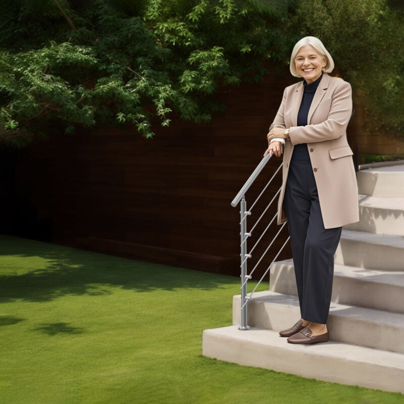 Mophorn - 59 pouces (l) Rampes pour marches extérieures. Kit de rampe d'escalier en acier inoxydable avec installation. Conception à double colonne