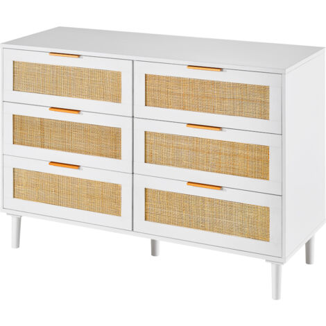 Mophorn 6-Drawer Rattan Dresser, Boho Storage Chest with Spacious Drawers, Natural Rattan Nightstand for Bedroom, Living Room, Hallway, White