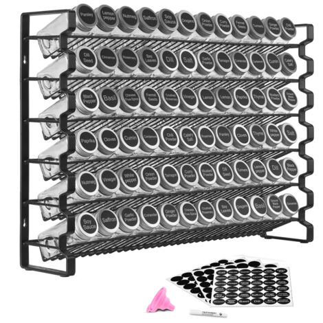 Mophorn 6-stöckiges Gewürzregal mit 72 leeren Gläsern, Trichter-Set und Etiketten – Organizer für Gewürze in Küche, Schrank oder Speisekammer (591 x 118 x 407 mm)