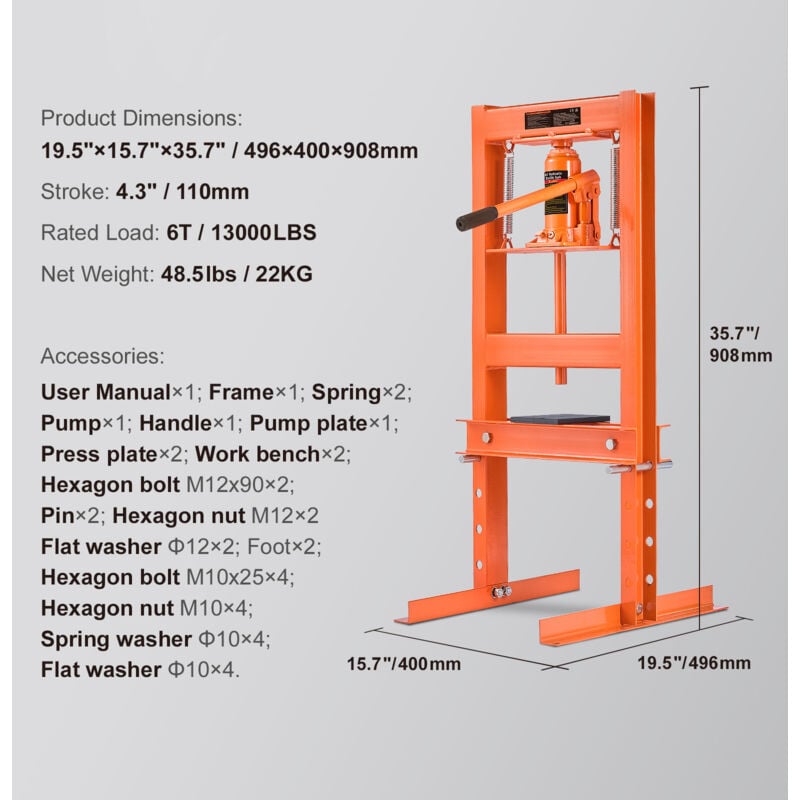 Image of Mophorn - 6 Ton Hydraulische Werkstattpresse mit Pressplatten H-Frame Benchtop Press Stand