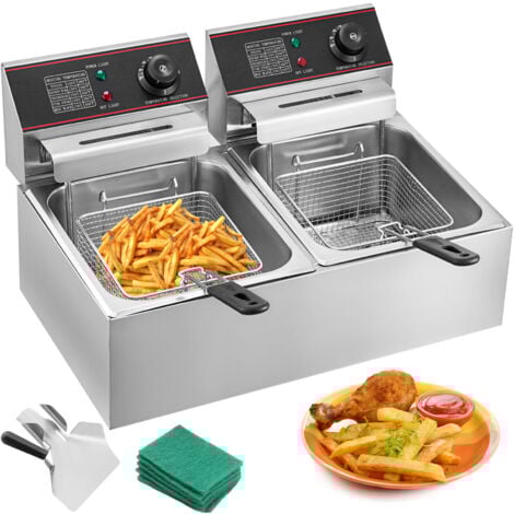 Mophorn 6000W Doppia Friggitrice 12L Commerciale con doppio controllo della temperatura regolabile Friggitrice a doppio cestello in acciaio inox con coperchio - Facile da pulire, per uso alimentare