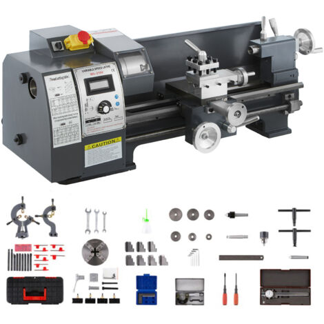 Mophorn 750W Mini Torno de Metal 8x16 Pulgadas, Velocidad Variable 502500 RPM, Husillo Cónico MT3, con Caja de Accesorios, Lámpara Móvil, Mandril de 4 Mordazas, 9 Fresas, para Metalistería de Precisió