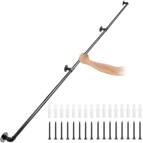 Mophorn 9FT Pipe Stair Handrail, 440LBS Load Capacity, Carbon Steel, Industrial Pipe Handrail with Wall Mount Support, Round Corner, Indoor/Outdoor, Black