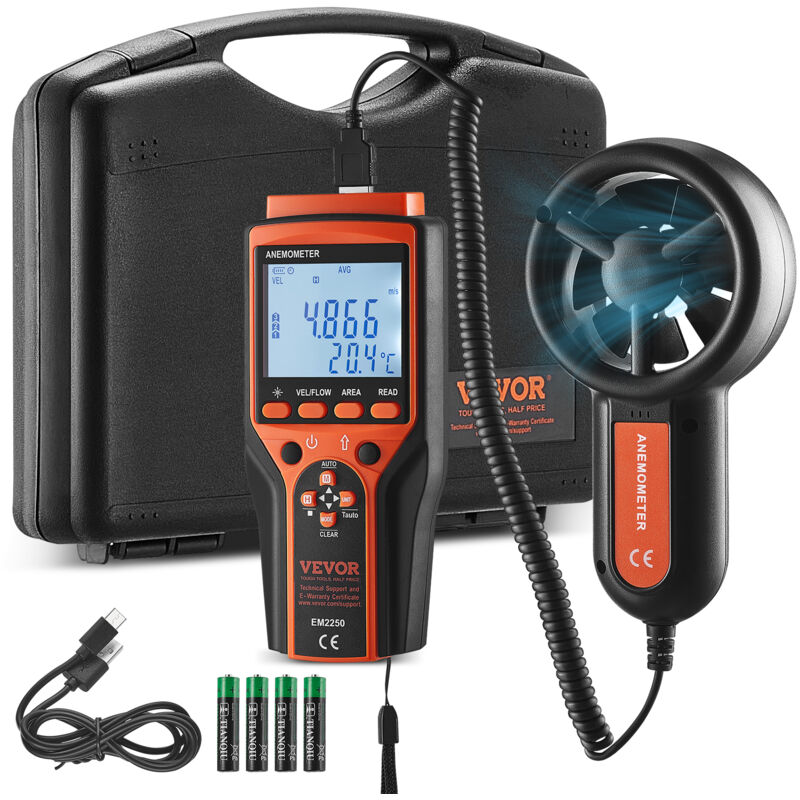 Vevor Anemometre Portable -10℃ a 60℃ Mesureur Numerique Vitesse du Vent cfm, Mesure Temperature du Vent, Flux deAir, Refroidissement Eolien avec