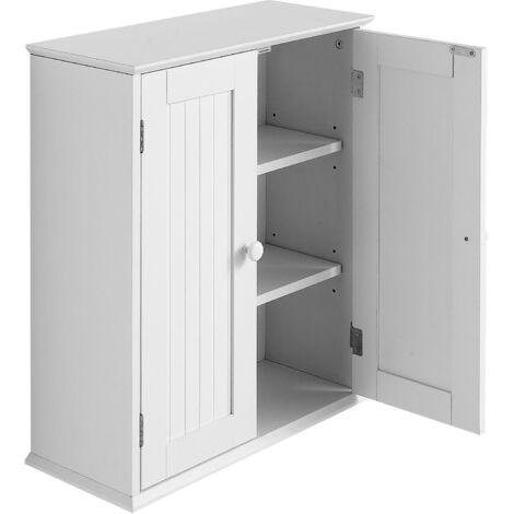 Mophorn Armario de pared para baño de 3 niveles con puertas dobles y estantes ajustables, fabricado en aglomerado y MDF, color blanco, dimensiones 536 x 244 x 610 mm