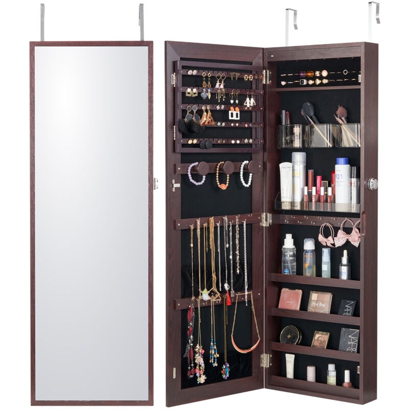 Mophorn - Armoire à Bijoux avec Miroir de 42,52 Pouces, Verrouillable, Montage sur Mur/Porte, led, Doublure en Velours, Brun, Organisateur