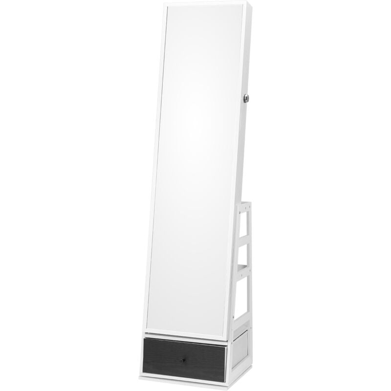 Armoire à Bijoux avec Miroir Debout 360° Rotatif, Doublure en Velours, led, tiroir, Verrouillable, Blanc, Organisateur de Rangement - Mophorn