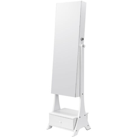 Mophorn Armoire à Bijoux avec Miroir Debout, Verrouillable, Doublure en Velours, LED, tiroir, Longueur totale, Autonome, Organisateur Blanc