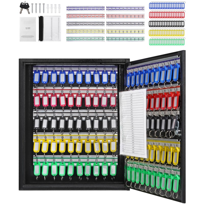 Armoire à clés pour 100 clés, boîte à clés de sécurité réglable, organisateur de clés en acier avec 100 étiquettes colorées et 2 cartes