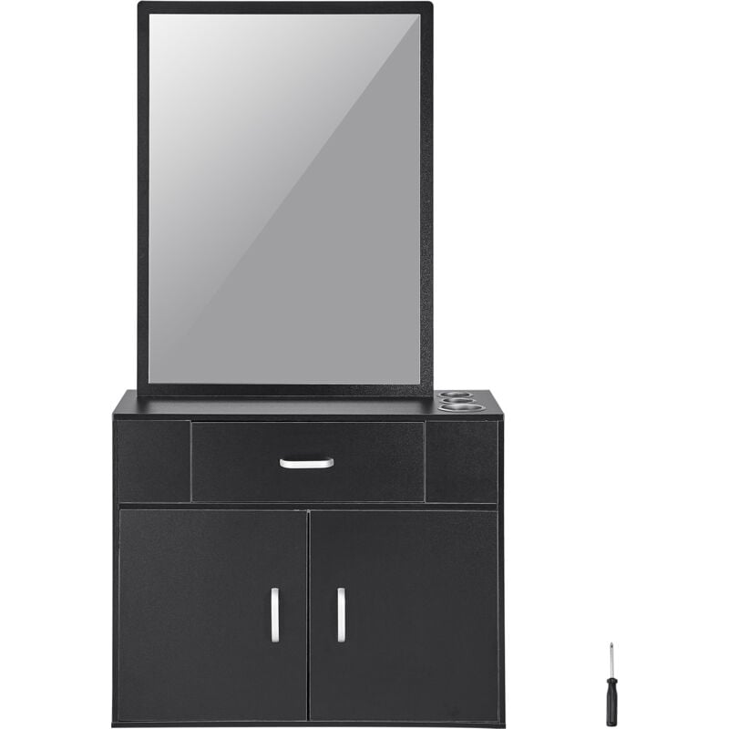 Mophorn Armoire de rangement de salon - Montée au mur pour coiffeurs. Ensemble d'armoire noire avec 3 manchons, miroir, armoire à deux portes et