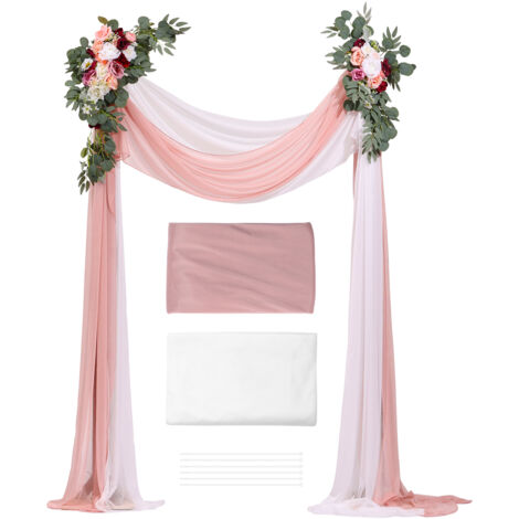 Mophorn Artificial Wedding Arch Flowers Kit - Pink Wedding Arch Flowers with Drapes Kit (Pack of 4) - 2 Pcs Floral Arrangement, 2 Pcs Sheer Drapes