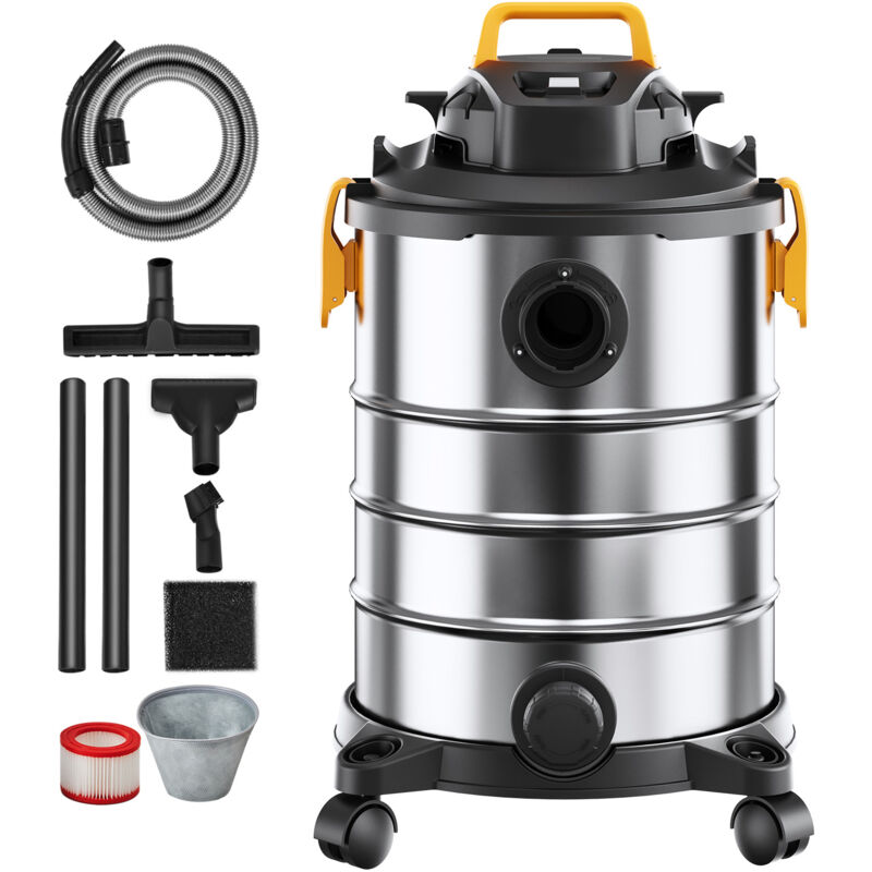 Aspirateur d'atelier sec/humide, 30 l, 6 cv de pointe, acier inoxydable, aspiration et soufflerie puissantes, portable avec accessoires, idéal pour