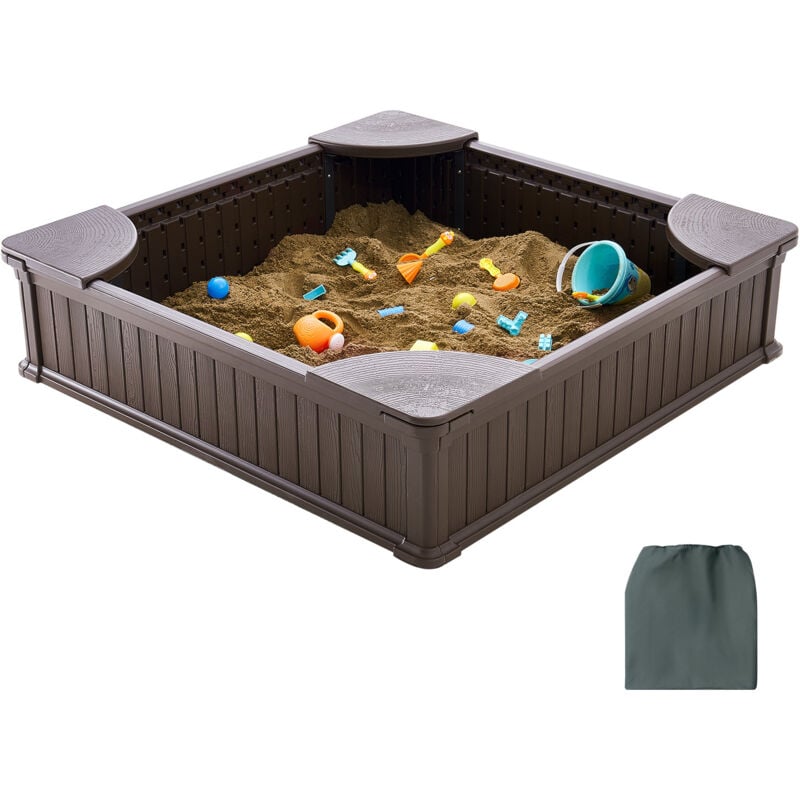 Bac à sable avec couvercle, 48,6 x 48,6 x 12,4 po, bac à sable carré, bac à sable en pehd avec 4 sièges d'angle et doublure inférieure pour