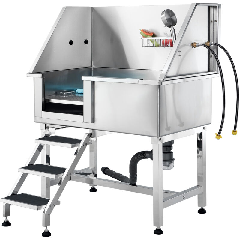 Mophorn - Baignoire de toilettage pour chien en acier inoxydable de 38 po avec rampe, tiroir de rangement, grille de sol et robinet, station de bain