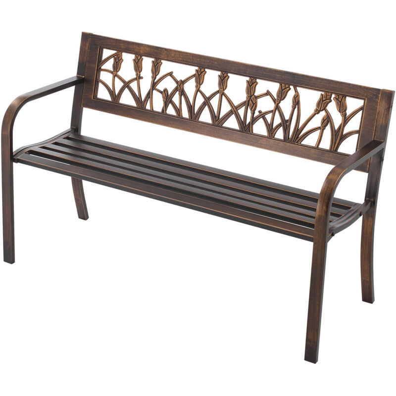 Mophorn Banc de jardin 127 cm, banquette extérieure en acier carbone avec dossier en PVC au design floral et accoudoirs arrondis, banc robuste et
