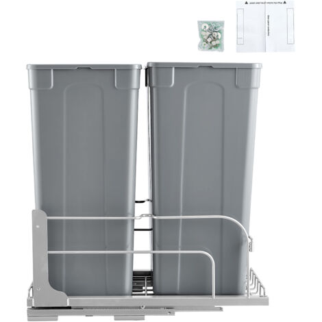 Mophorn Basurero extraíble de 50 cuartos de galón, doble, para cocina, bajo encimera, resistente, con puerta y cierre suave, ideal para gabinetes de cocina y fregadero (gris)