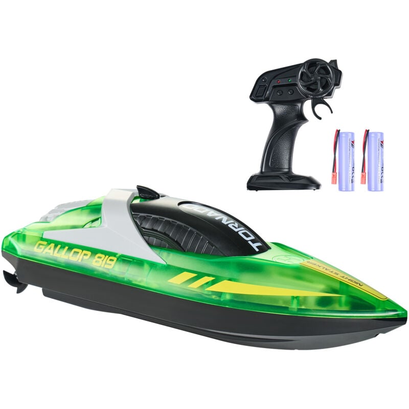 Bateau télécommandé, 2,4 GHz, 12 km/h, pour piscines et lacs, bateau de course avec lumière led, 2 batteries rechargeables, entièrement étanche,