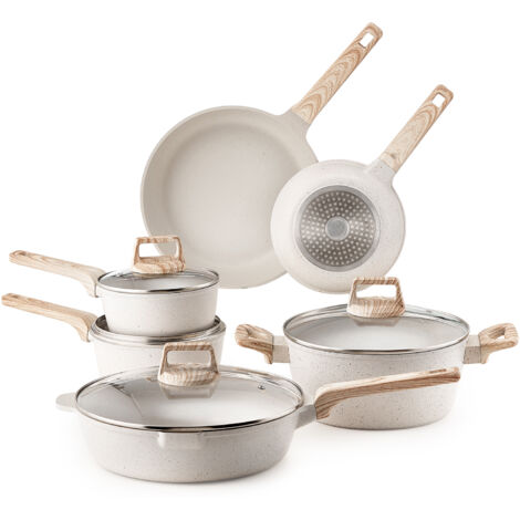 Mophorn Batterie de cuisine antiadhésive en granit de 17 pièces compatible avec induction avec poêles à frire, casseroles, sauteuse, couvercles en verre trempé et tampons de protection, blanc