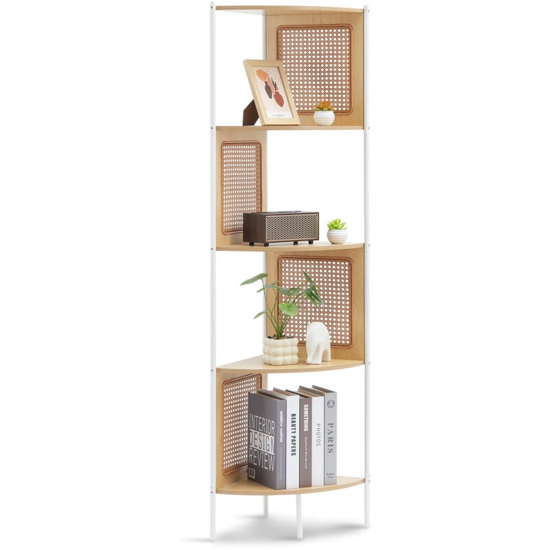 Mophorn Bibliothèque d'angle en rotin, étagère à 5 niveaux avec cadre en métal, étagère de rangement d'angle murale étroite et ouverte pour