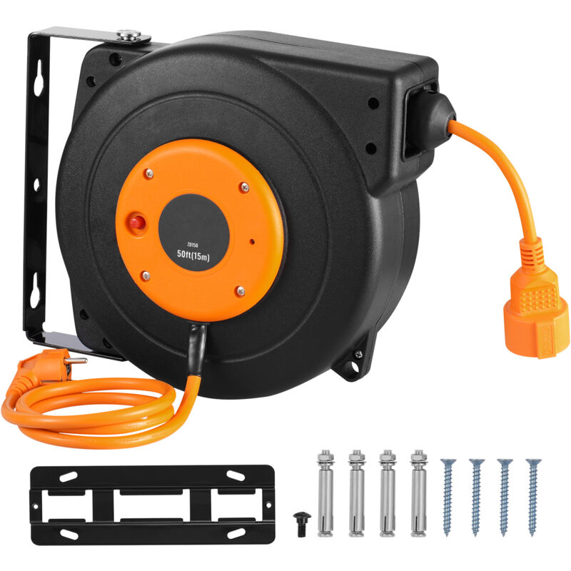 Bobine de câble d'extension rétractable, 49,21 ft/15 m, 1000W Robuste, Câble d'entrée de 3,28 ft/1 m, Protection contre la surchauffe, Boîtier en pp,