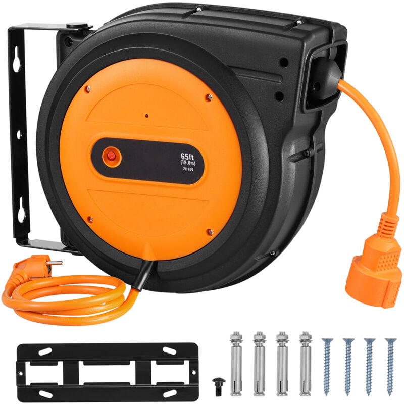Mophorn - Bobine de câble d'extension rétractable, 62,33 ft/19 m, 1600W Robuste, Câble d'entrée de 3,28 ft/1 m, Protection contre la surchauffe,