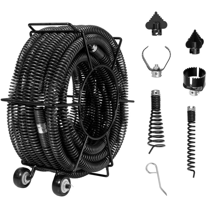 Mophorn - Câble de nettoyage de drain 60 pi x 1-1/5 po, nettoyeur sectionnel professionnel avec 6 coupeurs pour tuyaux de 2,0' à 7,9', noyau creux