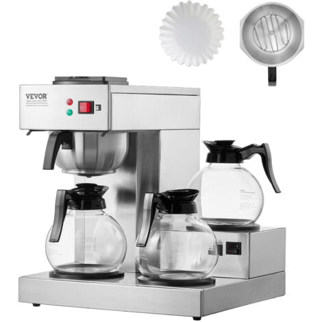 Mophorn Cafetera de goteo comercial de 12 tazas, cafetera de acero inoxidable con 3 jarras y 3 placas calentadoras, entrada de agua automática para restaurantes, oficinas y cafeterías