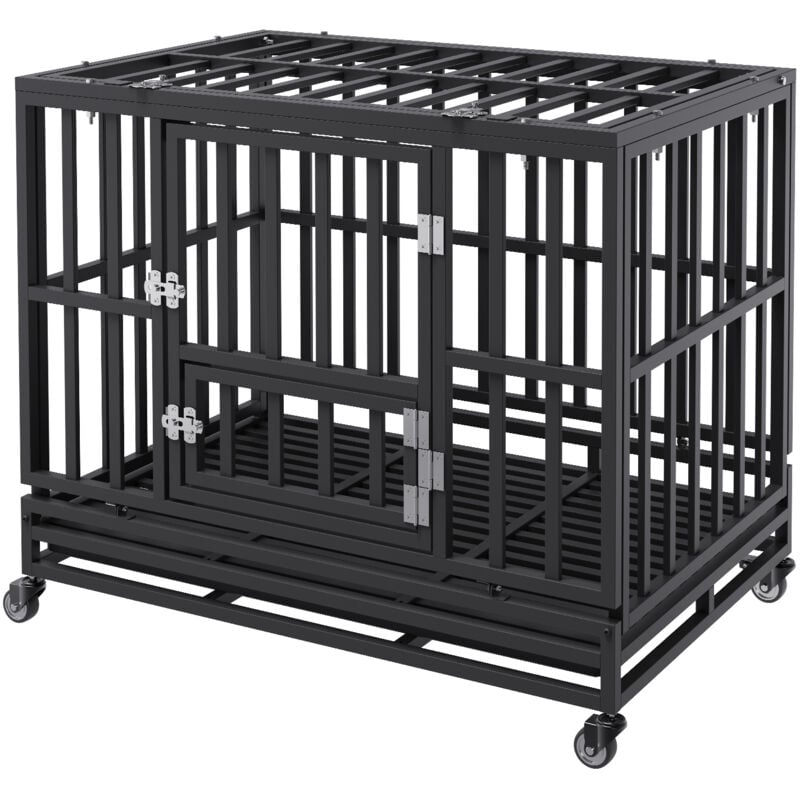 Mophorn - Cage pour chien robuste de 38 pouces, niche pour chien indestructible, cage à 3 portes pour chiens de taille moyenne à grande avec roues