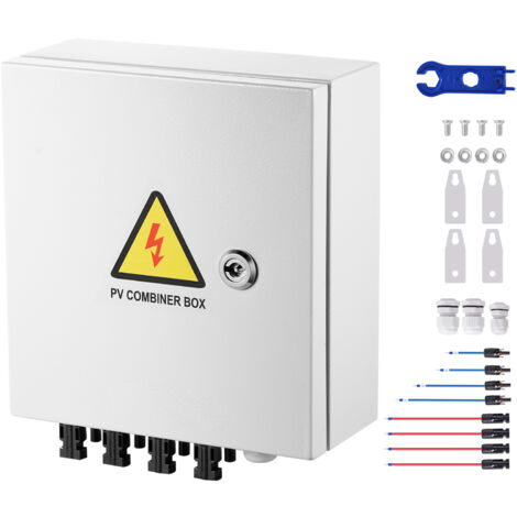 Mophorn Caja combinadora fotovoltaica, caja combinadora solar de 4 cadenas, fusible de 15 A, disyuntor de 63 A, pararrayos, conector solar, carcasa de acero, IP65