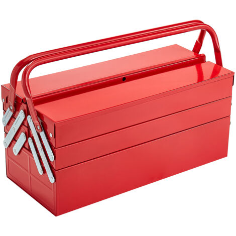 Mophorn Caja de herramientas de metal de 18 pulgadas, baúl plegable portátil de 3 niveles y 5 bandejas, acero con revestimiento en polvo, con asa y orificio para cerradura, color rojo