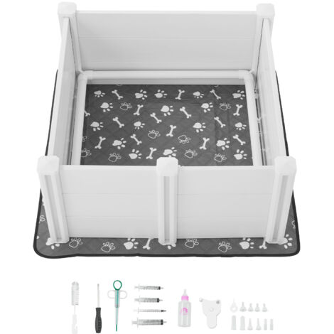 Mophorn Caja de Parto para Perros de Plástico PVC 980 x 980 x 460 mm con Puerta Ajustable en Altura y Almohadilla Lavable para Orina, Perfecta para Cachorros en Interiores, Color Blanco