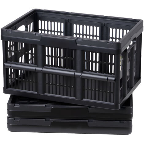 Mophorn Cajas de almacenamiento plegables de plástico 45 L, set de 3 unidades, contenedores con asas, sin tapa, soportan hasta 15 kg, ideales para ahorrar espacio en el hogar, camping o coche, negro
