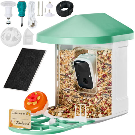 Mophorn Cámara Inteligente para Comedero de Pájaros, 2K HD, AI 10,000+ Especies, Solar, Captura Automática, Notificación, Verde, Regalo para Exteriores