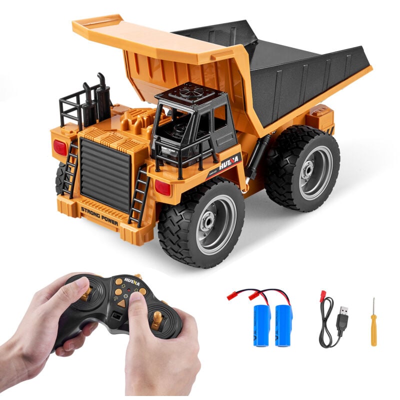 Camion-benne télécommandé, véhicule de chantier à 9 canaux à l'échelle 1:18 avec 2 batteries rechargeables, lit en métal et lumière, jouet