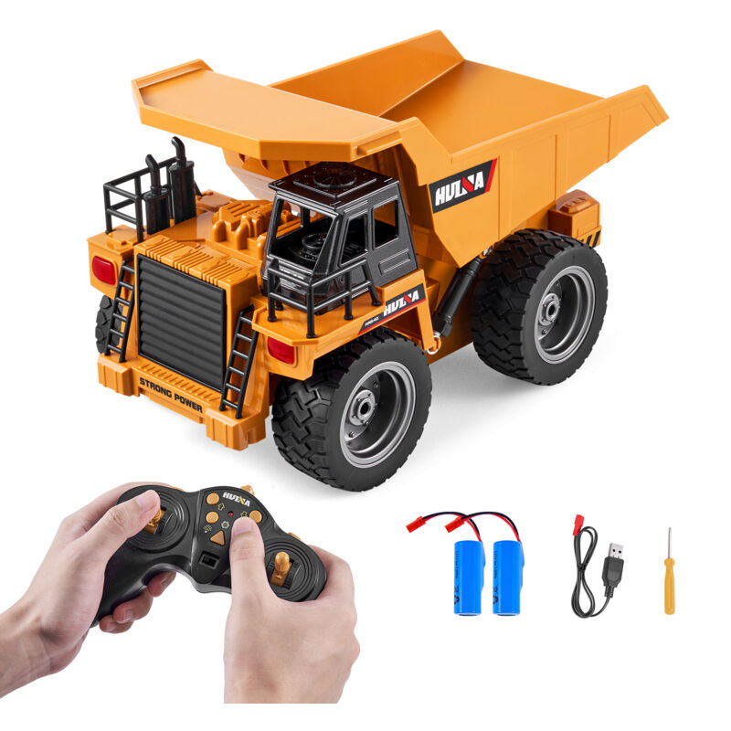 Mophorn Camion-benne télécommandé, véhicule de construction à 9 canaux à l'échelle 1:18 avec cabine et éclairage en métal, 2 batteries rechargeables,