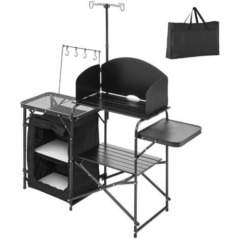 Mophorn Camping-Küchentisch für Outdoor-Aktivitäten, tragbare Kochstation aus Aluminium mit Stauraum, Tragetasche und abnehmbarer Windschutz, schwarz