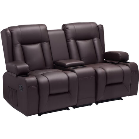 Mophorn Canapé inclinable 2 places avec console centrale, revêtement en similicuir, équipé de ports USB, porte-gobelets et poches de rangement, idéal pour chambre, salon ou bureau, coloris marron