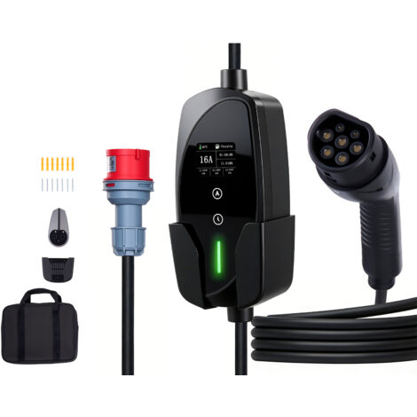 Mophorn Cargador portátil de pared, 11 kW, 16 A, tipo 2, trifásico, para vehículos eléctricos con cable de 8 m, enchufe CEE16, pantalla LCD, estación de carga ajustable y caja de control IP66.
