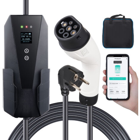 Mophorn Cargador Portátil EV Tipo 2, 16A 3.7kW, Cargador de Coche para Vehículo Eléctrico 28 pies de Cable CEE 7/7 Enchufe Pantalla LCD, IEC 62196 Estación de Carga para el Hogar, IP66