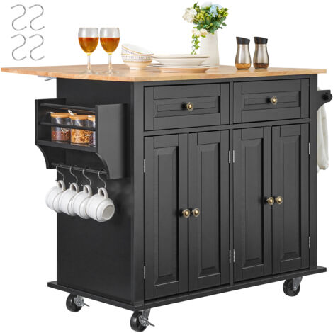 Mophorn Carrello da Cucina, Carrelli Mobili, Piano Ribaltabile in Legno 1100 mm con Mobiletto Portaoggetti, Tavolo con Rotelle, Porta Spezie e Asciugamani, Cassetto Ganci, Isole Portatili, Nero