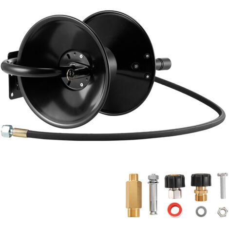 Mophorn Carrete de manguera para hidrolavadora de acero, diseñado para montaje en pared o suelo, soporta hasta 275,8 bar de presión, con manivela manual, incluye manguera de 15,2 m x 9,5 mm