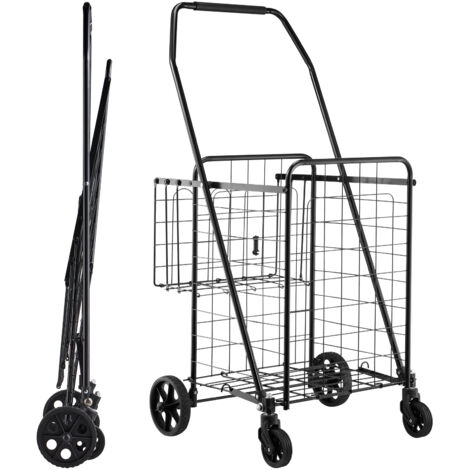 Mophorn Carrito de compras plegable con doble cesta, revestimiento resistente al agua y ruedas duraderas, capacidad de carga de 45,3 kg, volumen de 64 + 10 L, adecuado para lavandería, negro