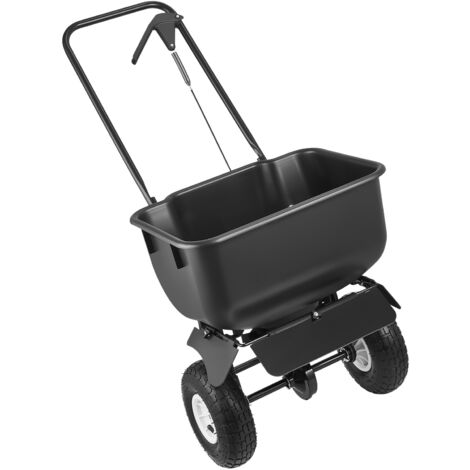 Mophorn Carro esparcidor manual con un ancho de distribución de 3,6 m, diseñado para sembrar semillas y distribuir materiales como fertilizantes. Capacidad de 36,3 kg, ideal para uso en jardines