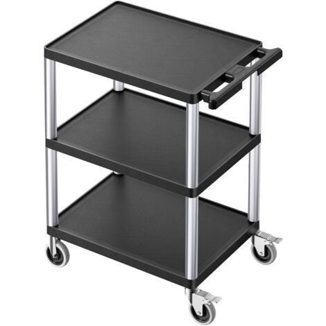 Mophorn Carro utilitario, capacidad de carga de 300 lb, carro de servicio de 27,6 x 18,1 pulgadas, tres estantes de plástico resistente con ruedas giratorias de 360° (2 con frenos)