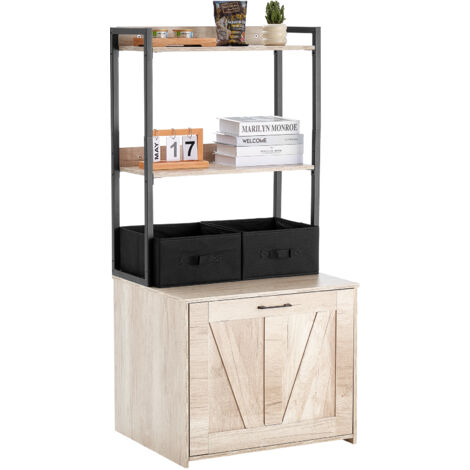 Mophorn Cat Litter Box Enclosure, Hidden Litter Box Furniture with 2 Storage Shelves & 2 Baskets, Wooden Cat Washroom Indoor, Cat House Cabinet Fit Most of Litter Box, 23.6"L x 19.7"W x 50"H, Natural