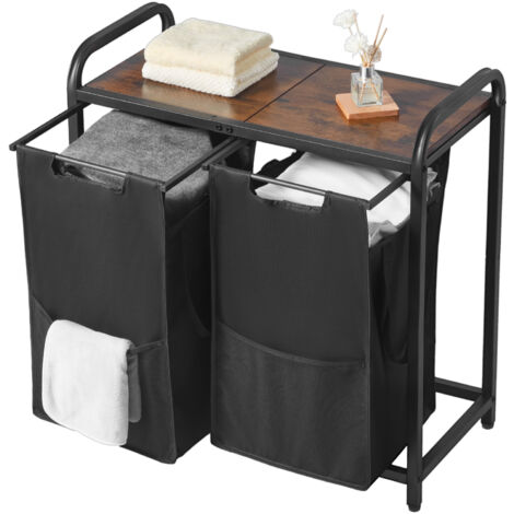 Mophorn Cesto Portabiancheria a 2 Scomparti con Sacchetti Scorrevoli in Tessuto Oxford 600D, Struttura in Metallo e Ripiano in Legno, Ideale per Vestiti Sporchi, Bagno e Casa