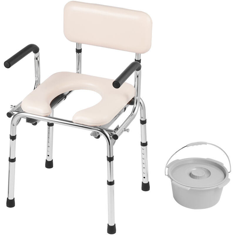 Mophorn Chaise percée, chaise percée de chevet avec siège rembourré, accoudoirs rabattables, hauteur réglable sur 7 niveaux, seau amovible de 5,8 L,