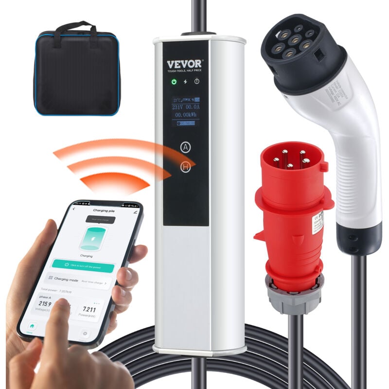 Vevor Chargeur ev Portable Type 2 IEC6219 Chargeur Voiture Electrique 32 a 7,36 kW Monophase 22 kW Triphase Cable de Charge 7,5 m Prise cee 32 lcd