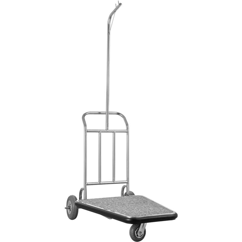 Chariot à bagages hôtelier, capacité de 272 kg, plateforme en acier inoxydable avec 3 roues en caoutchouc et tapis gris, idéal pour hôtels,