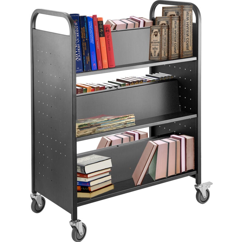 Vevor Chariot a livres, 90 kg, chariot de bibliotheque a etageres inclinees double face forme w, 1250x900x480 mm, roues verrouillables, rangement et